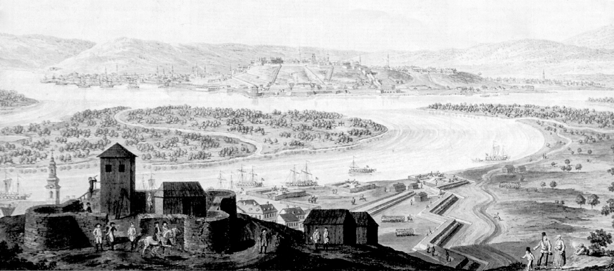 Поглед из Земуна на луку са бродовима дунавске армаде и Београдску тврђаву