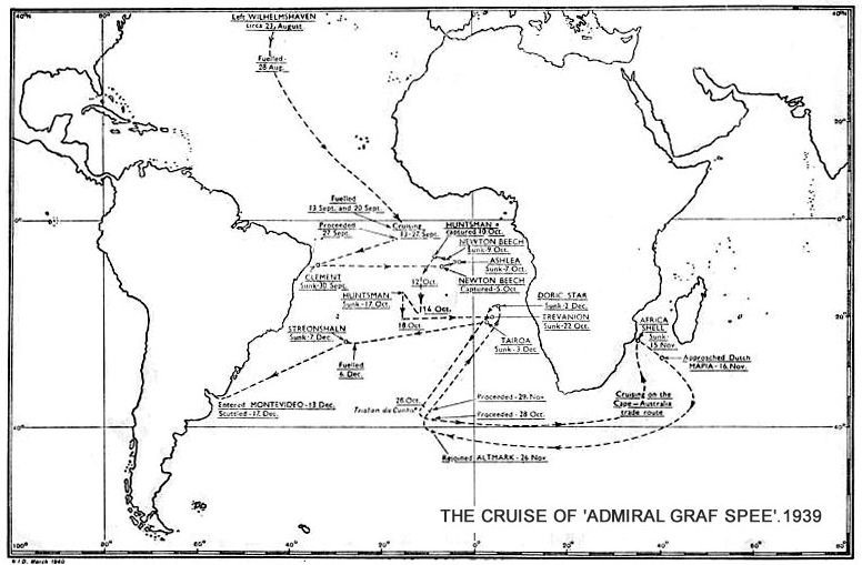 Pregled kursnog nacrta kretanja broda „Admirala Graf Špe“ 1939. godine (Internet)
